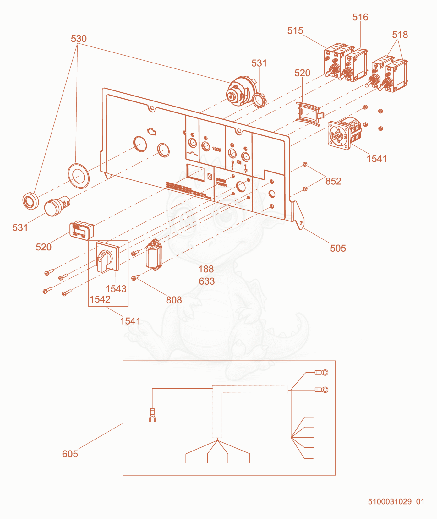 Exploded parts diagram of the Option-Control Panel, Shore Power of a Wacker Neuson LTV6K, with numbered balloons