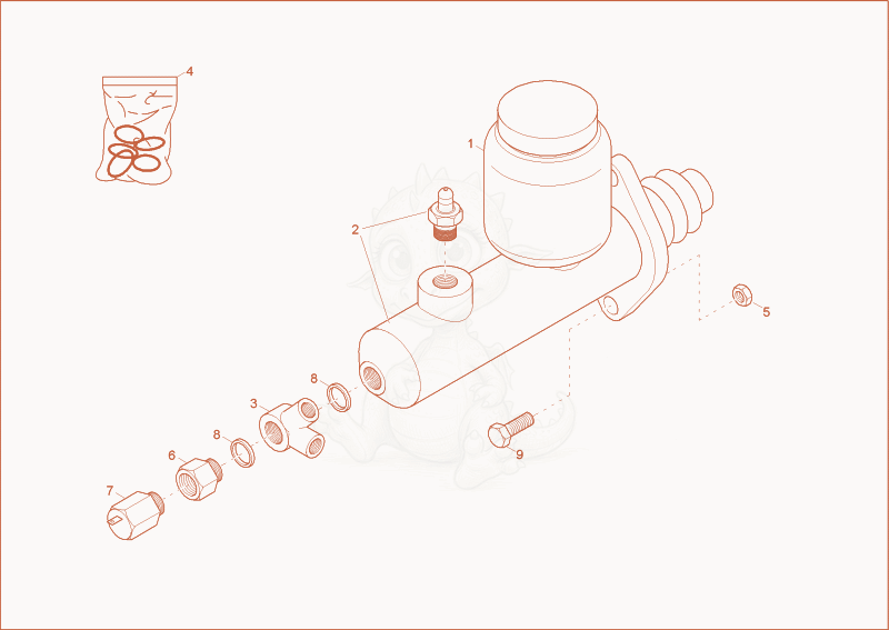 Exploded parts diagram of the masterbrake cylinder 1-circle of a Wacker Neuson 2300/4002-01, with numbered balloons