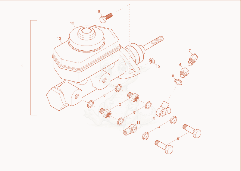 Exploded parts diagram of the masterbrake cylinder of a Wacker Neuson 5001, with numbered balloons