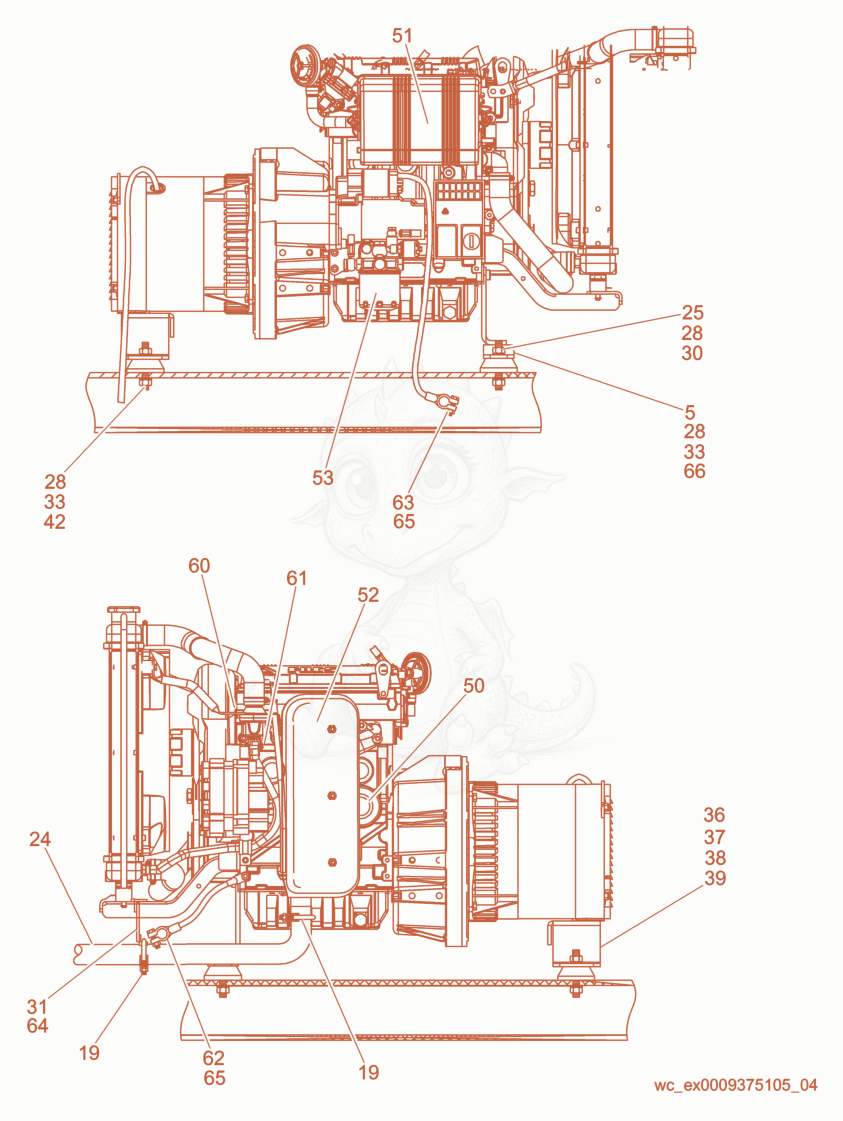 Exploded parts diagram of the Generator/Engine Support/Exhaust Pipe of a Wacker Neuson LTC4L, with numbered balloons