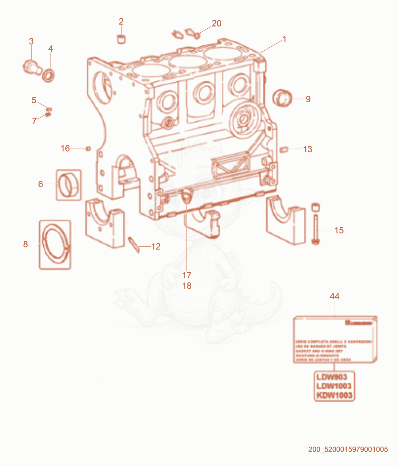 Exploded parts diagram of the Crankcase of a Wacker Neuson RTL82-SC3, with numbered balloons