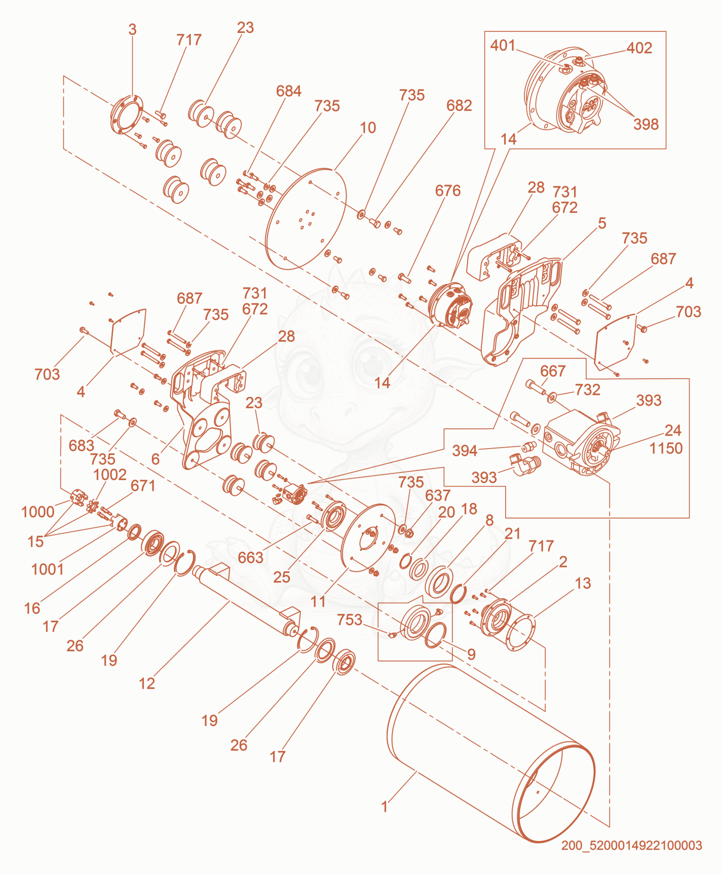 Exploded parts diagram of the Drum cpl. of a Wacker Neuson RD27-120, with numbered balloons