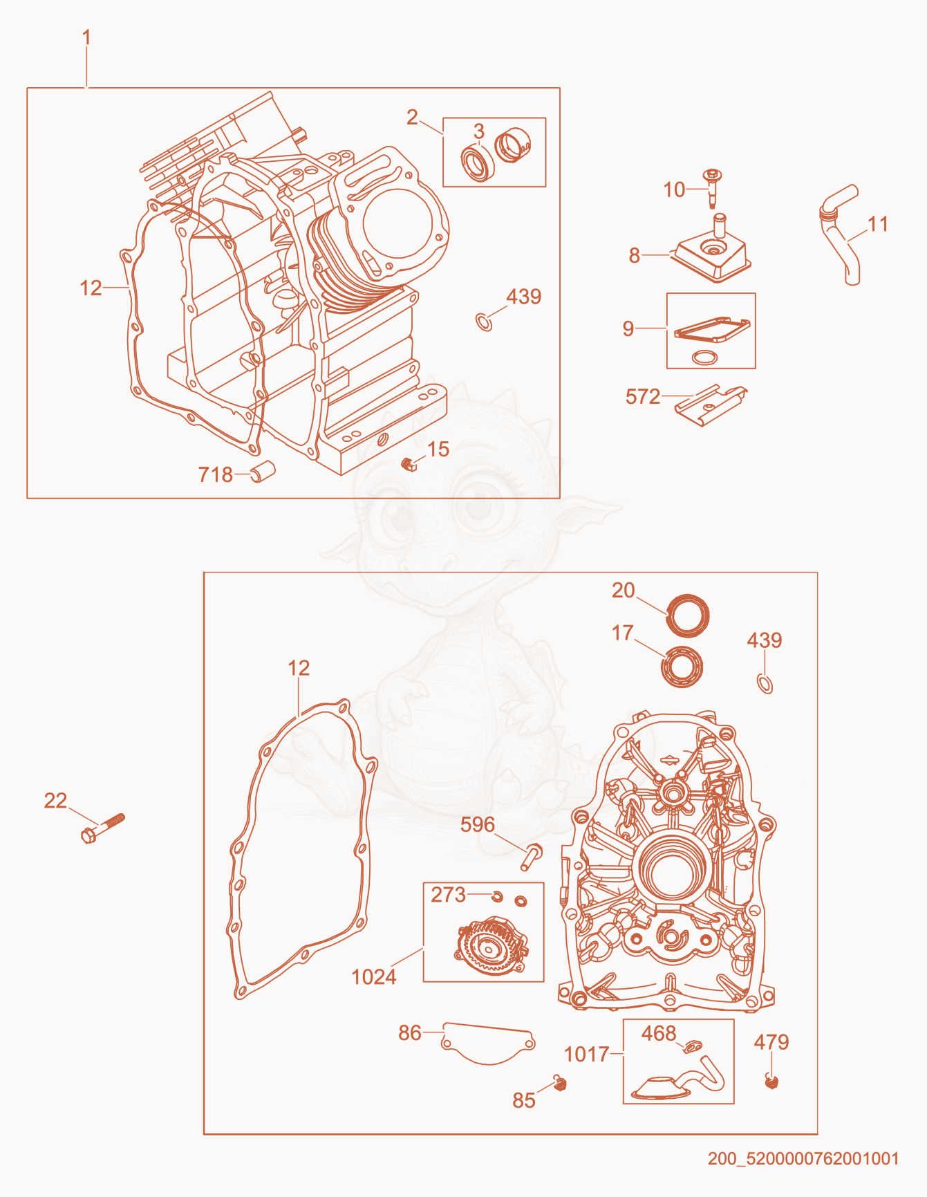 Exploded parts diagram of the Cylinder/Crankcase Cover of a Wacker Neuson GPS9700, with numbered balloons