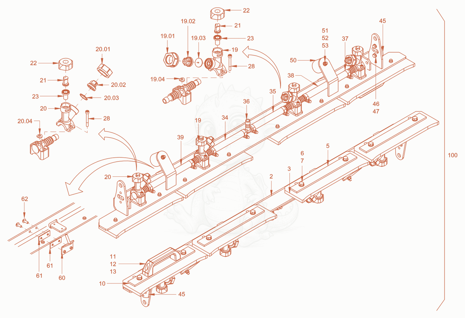 Exploded parts diagram of the scraper (tires) of a Wacker Neuson RD45-140CUS, with numbered balloons