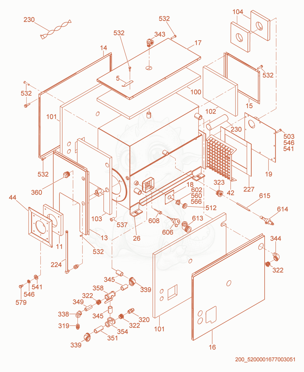 Exploded parts diagram of the Hydronic Heater cpl. of a Wacker Neuson HSH350, with numbered balloons