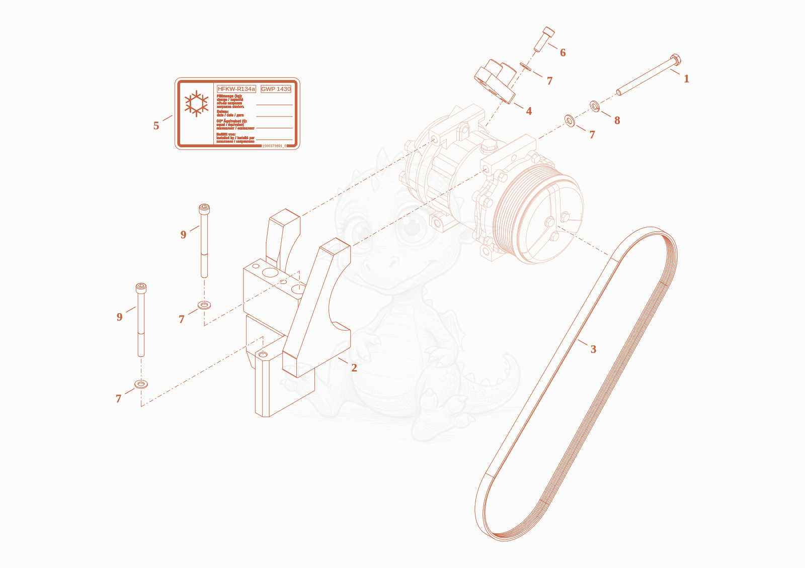 Exploded parts diagram of the compressor aircondition of a Wacker Neuson WL60T4F, with numbered balloons