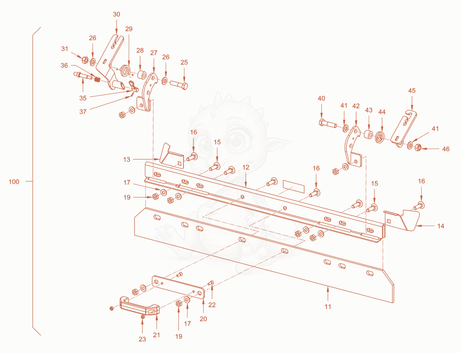 Exploded parts diagram of the foldable scraper of a Wacker Neuson RD24-100E, with numbered balloons