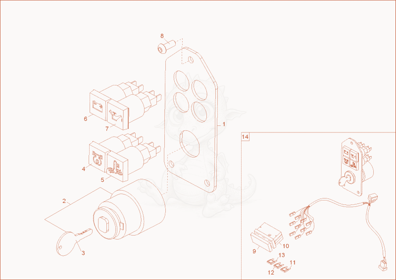 Exploded parts diagram of the instrument panel of a Wacker Neuson DT08PRO, with numbered balloons