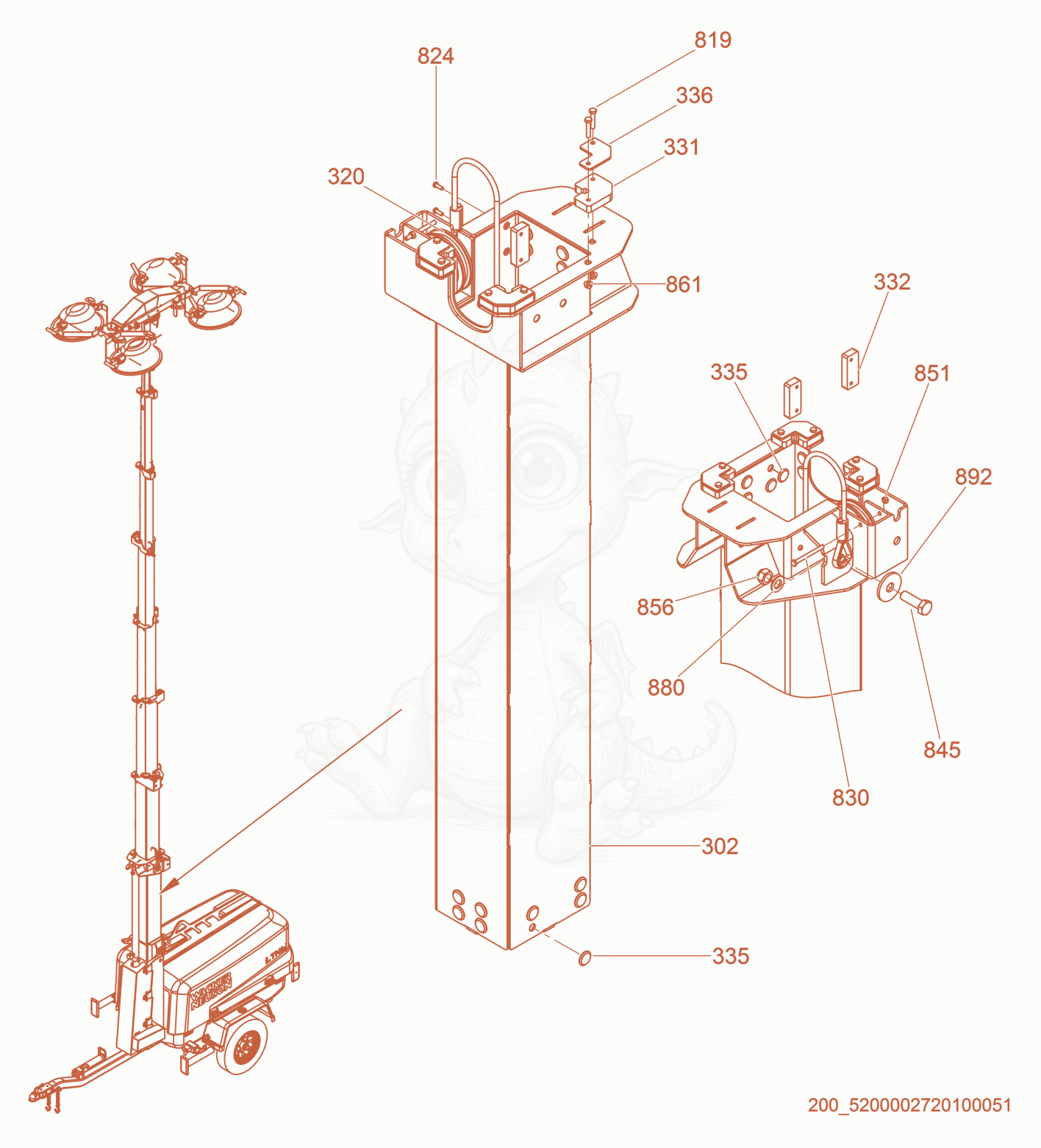 Exploded parts diagram of the Tower section 1 of a Wacker Neuson LTW20Z3-V, with numbered balloons