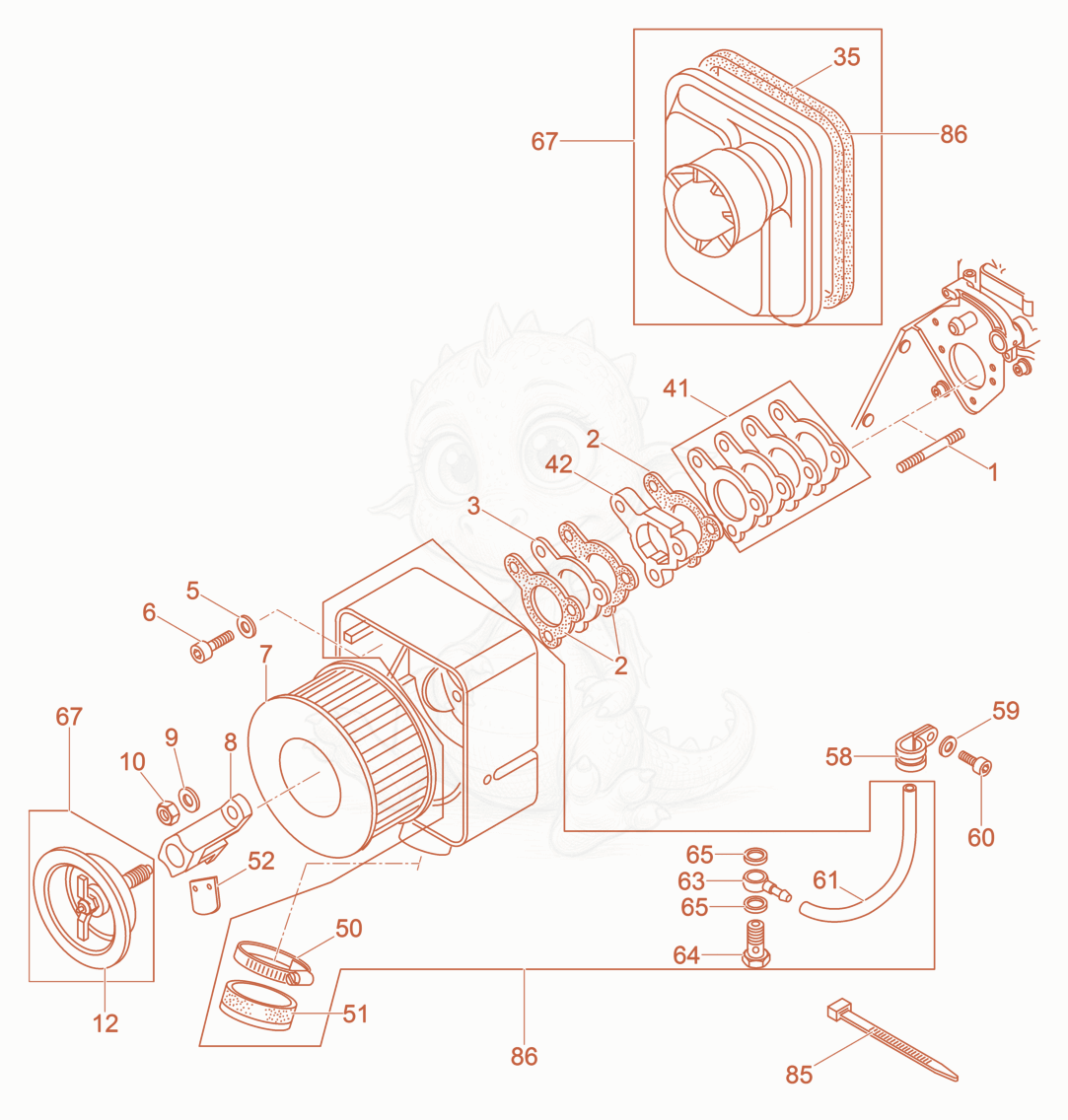 Exploded parts diagram of the Air Cleaner of a Wacker Neuson DPU4545HECHUS, with numbered balloons
