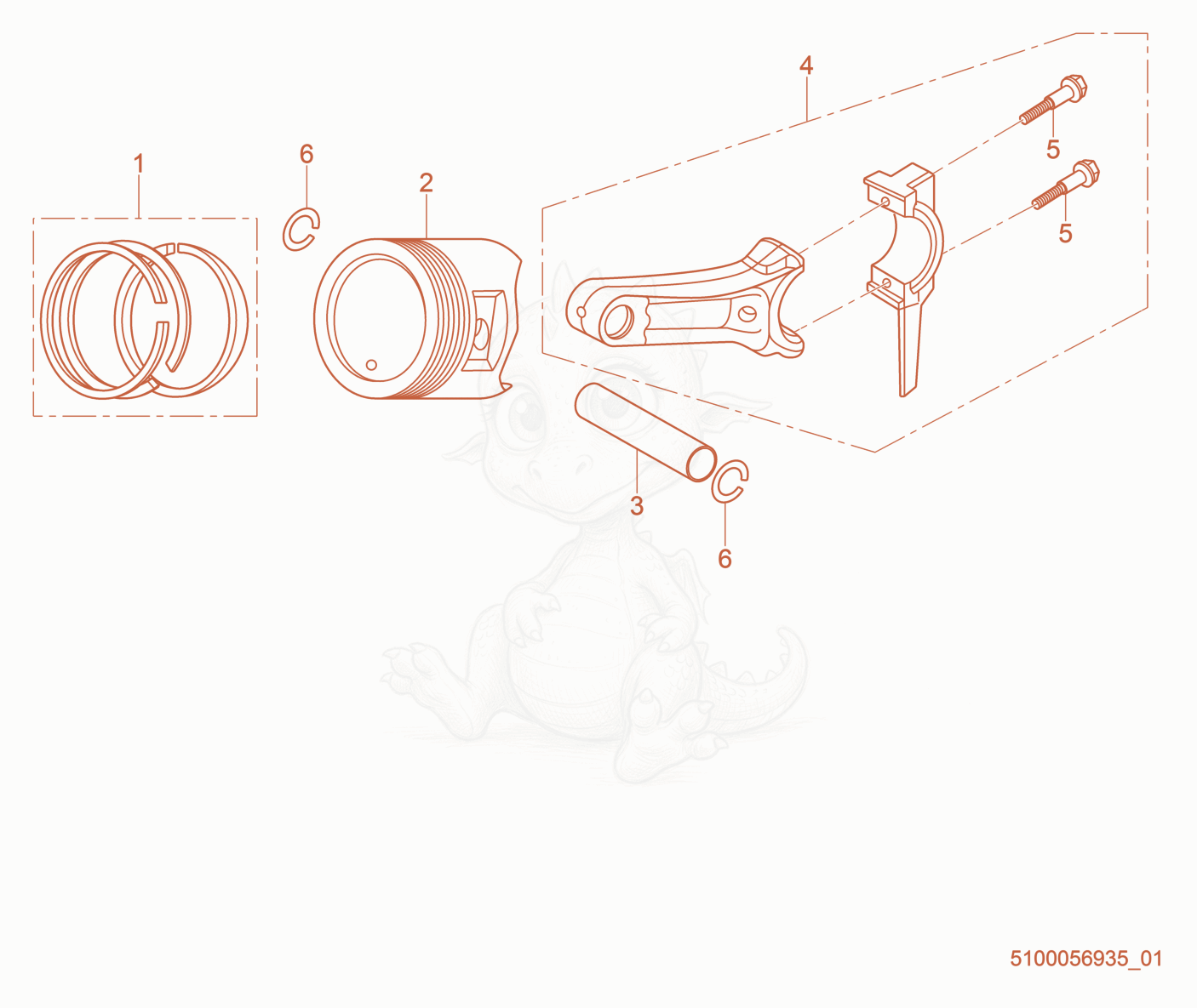 Exploded parts diagram of the Piston cpl. of a Wacker Neuson PDT3A, with numbered balloons
