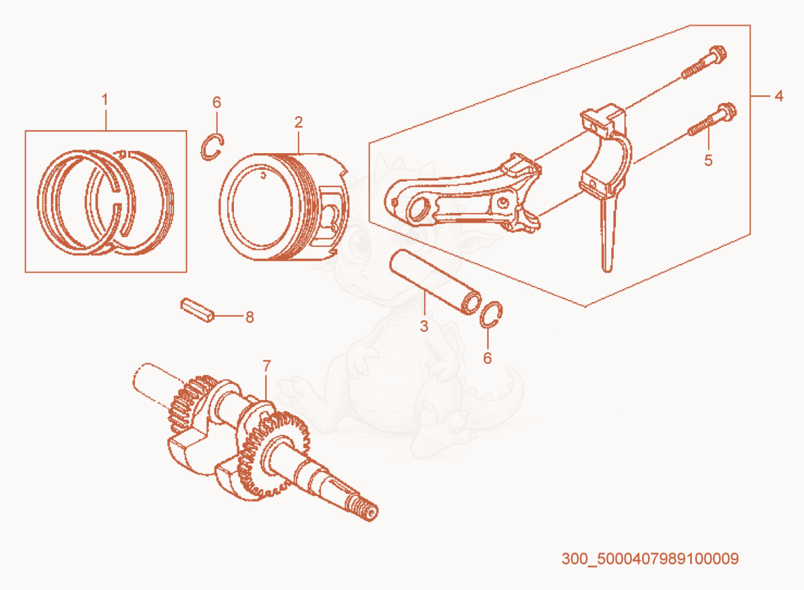 Exploded parts diagram of the Piston/Crankshaft of a Wacker Neuson MP15A, with numbered balloons