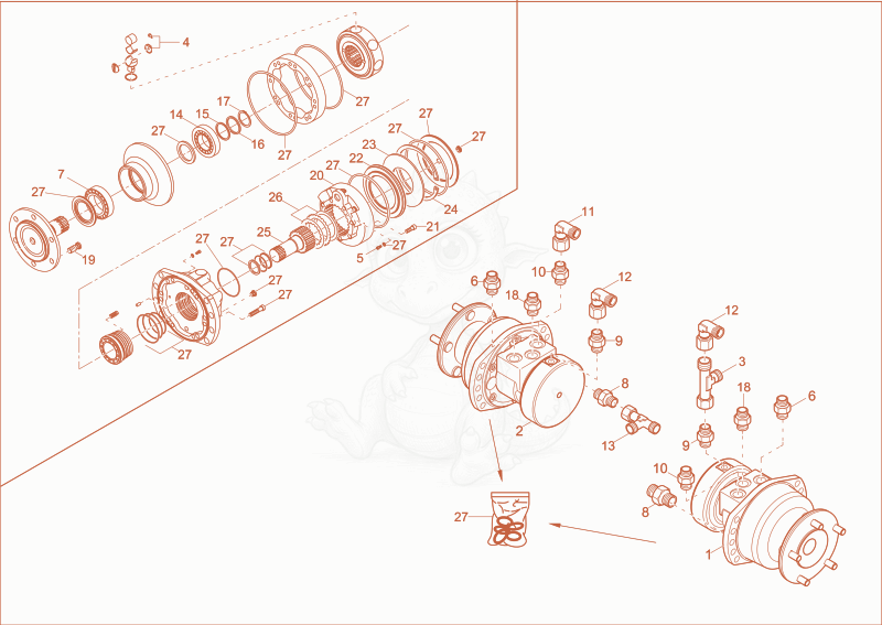 Exploded parts diagram of the TRAVELLING GEAR 2 of a Wacker Neuson 1001, with numbered balloons
