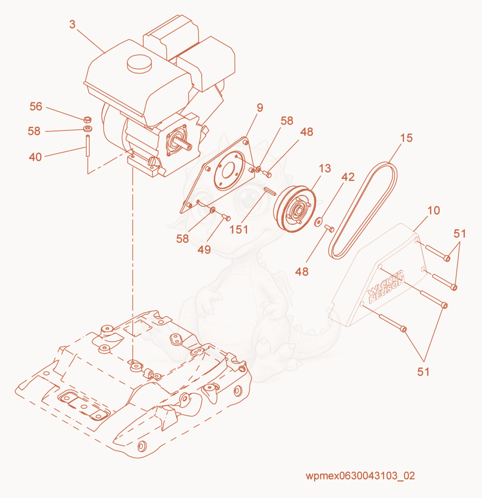 Despiece del Beltguard/Clutch de una máquina Wacker Neuson WP1550AW, con globos numerados