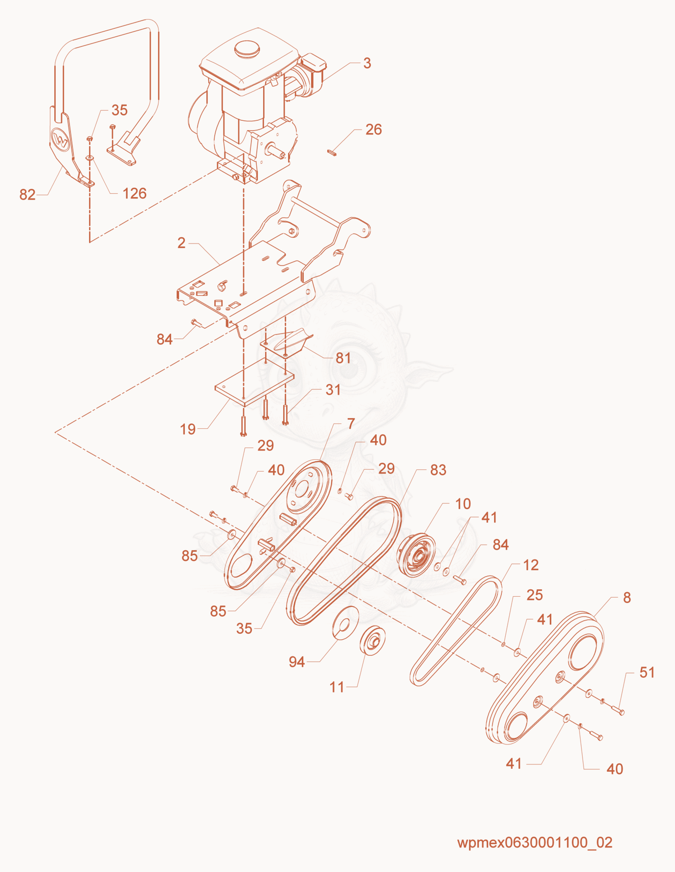 Despiece del Drive cpl. de una máquina Wacker Neuson VP1340W-L, con globos numerados