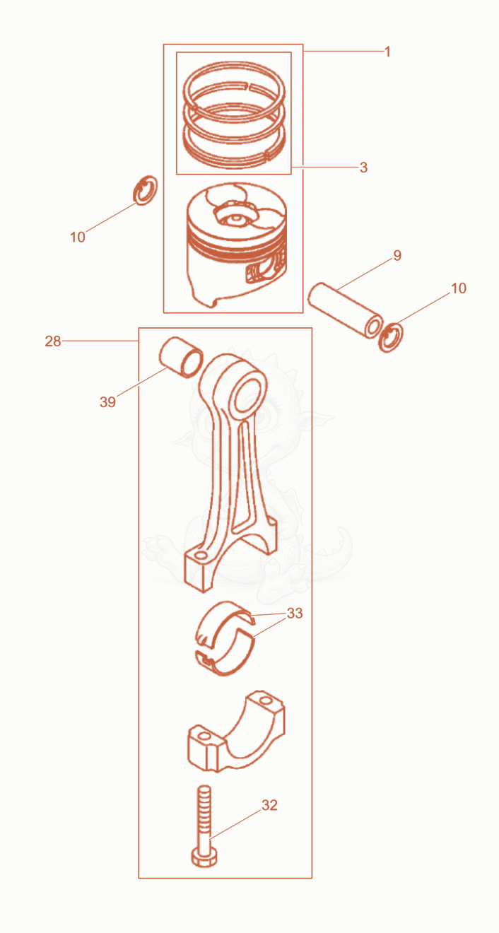 Exploded parts diagram of the Piston, Connecting rod of a Wacker Neuson DPU45YEHUS, with numbered balloons