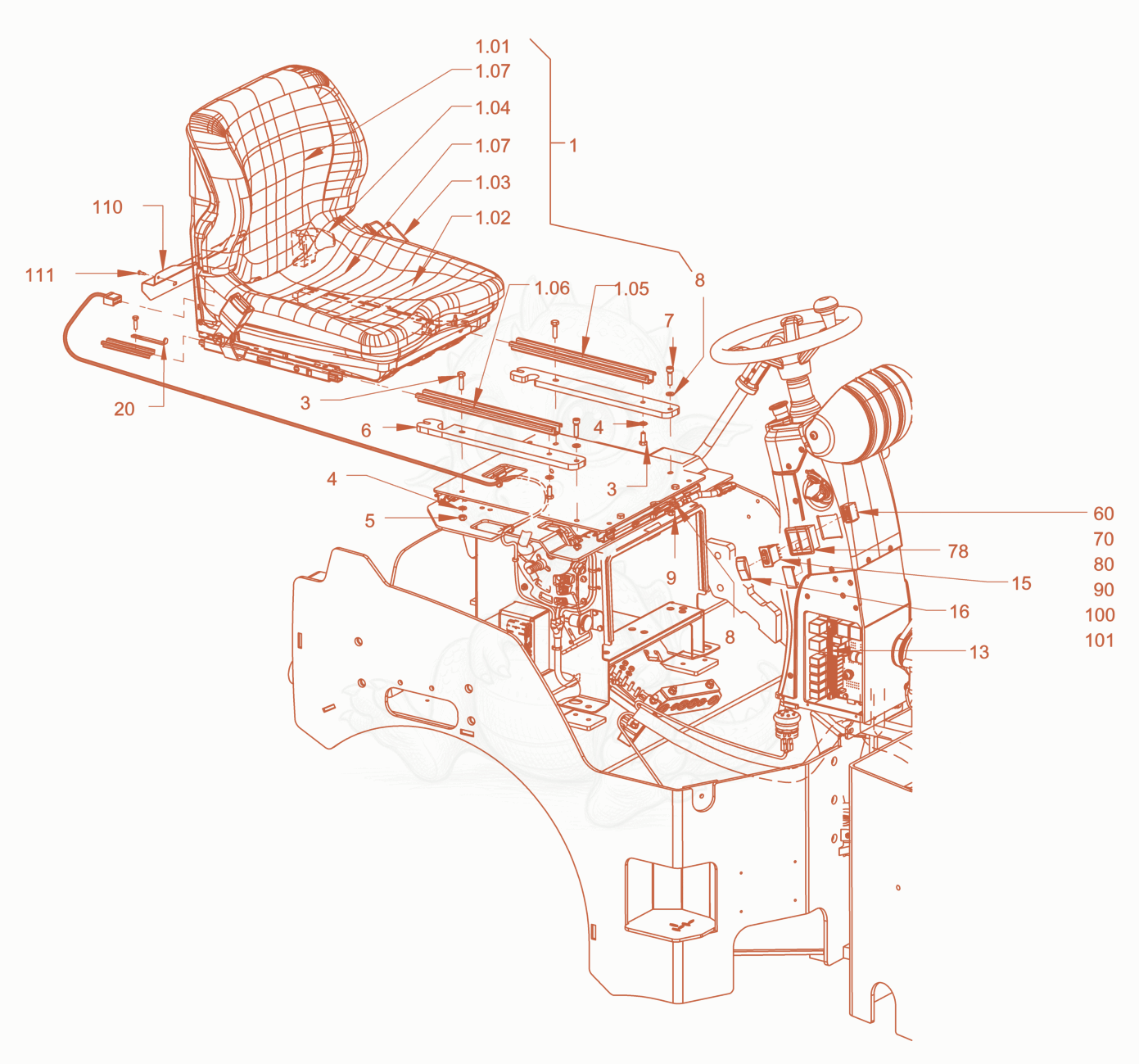 Exploded parts diagram of the driver's seat of a Wacker Neuson RD40-130OUS, with numbered balloons