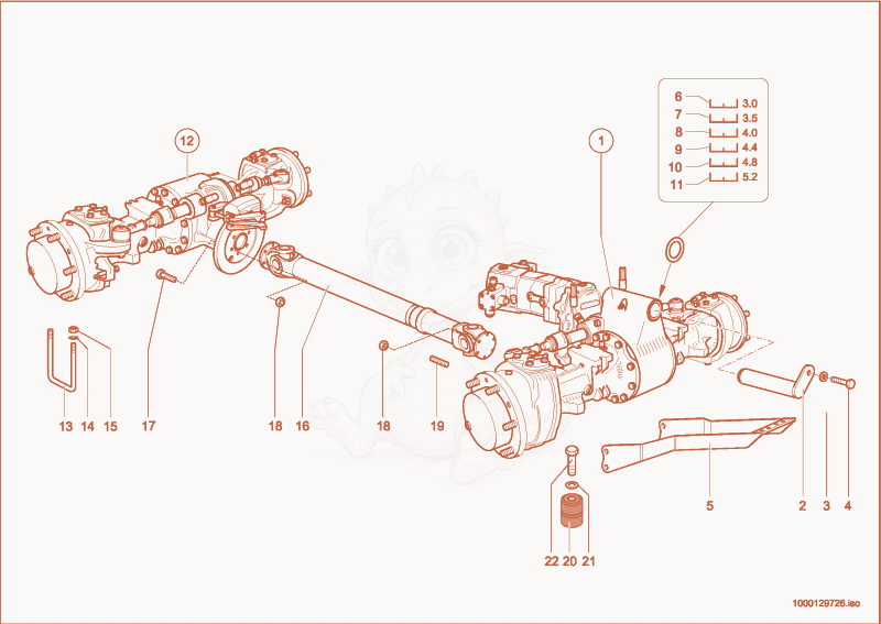 Despiece del Axle attachment de una máquina Wacker Neuson 280, con globos numerados