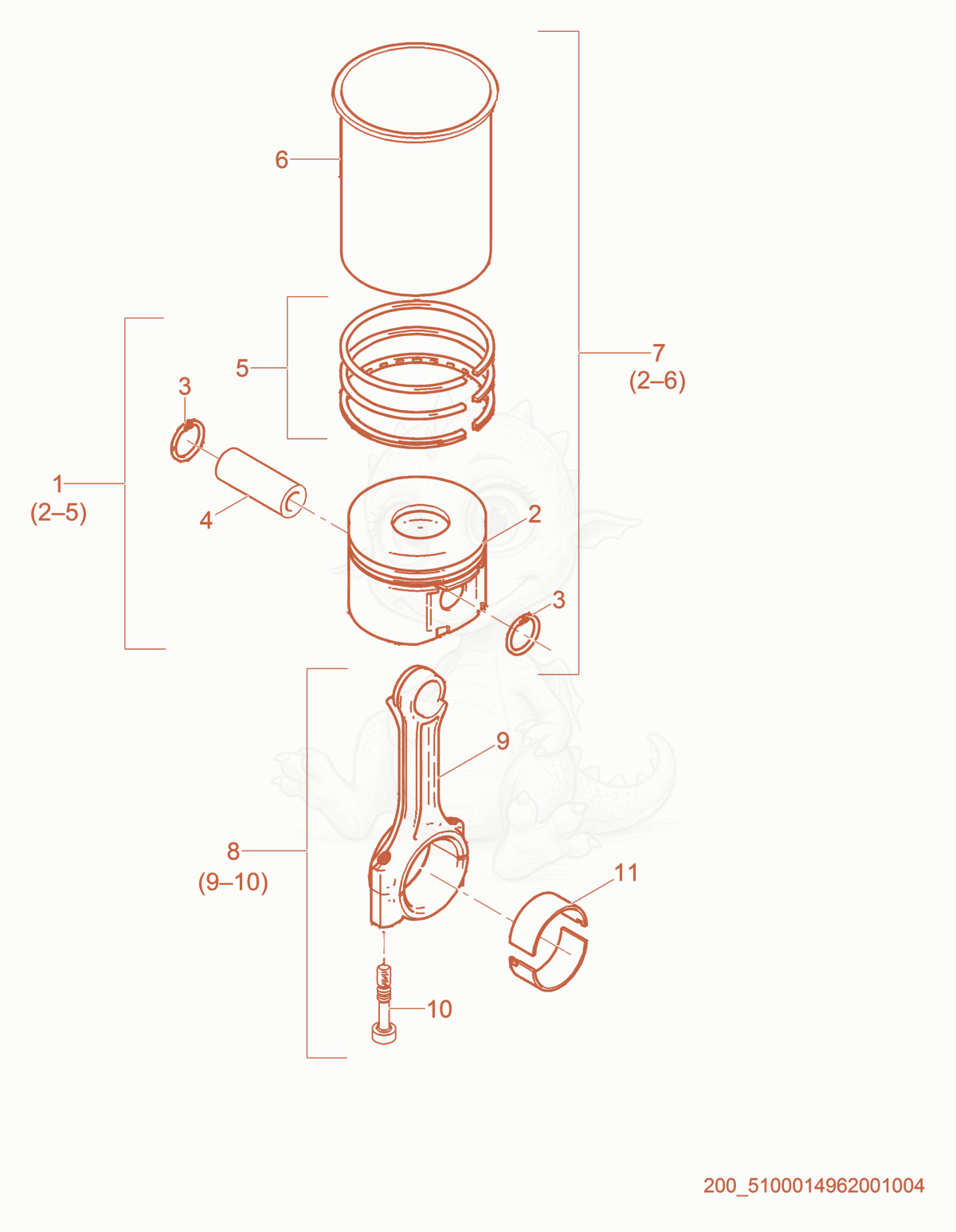 Exploded parts diagram of the Piston w/Ring Set of a Wacker Neuson PT3H, with numbered balloons