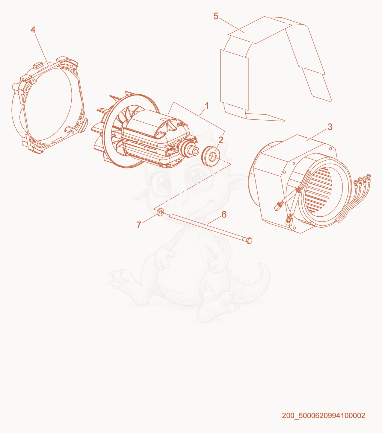 Exploded parts diagram of the Rotor & Stator of a Wacker Neuson GV3800, with numbered balloons