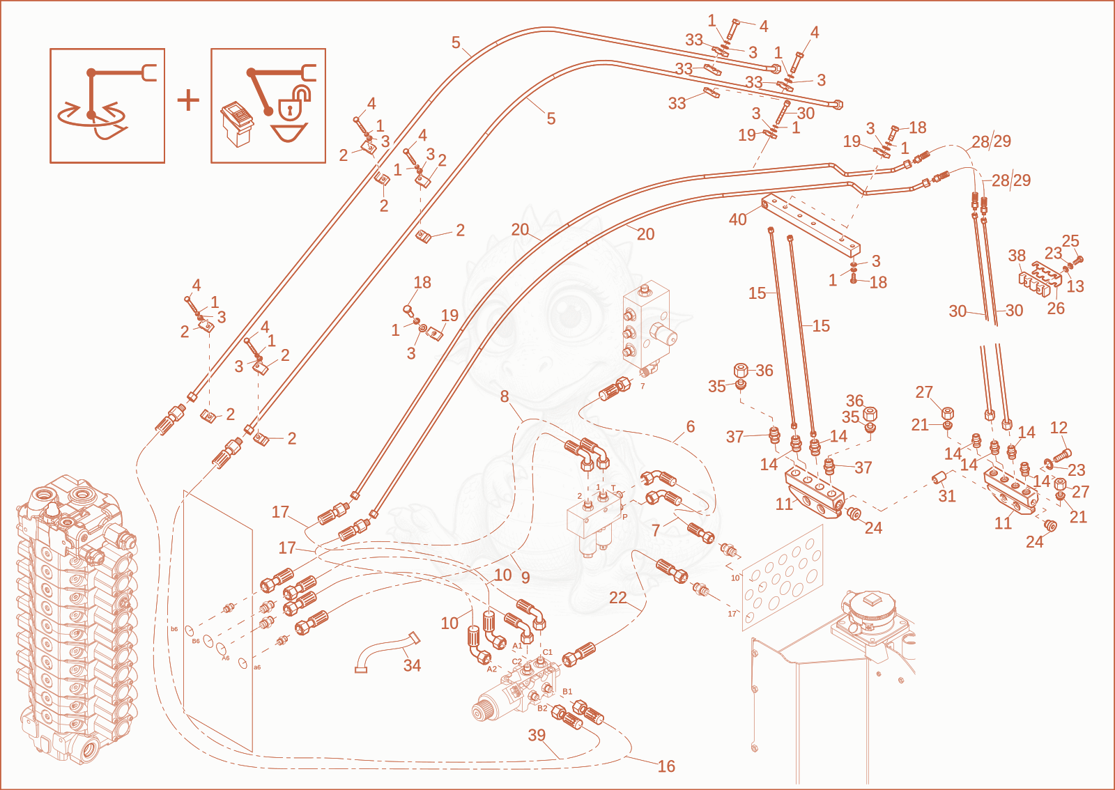 Exploded parts diagram of the Pilot circuit Powertilt (Option) of a Wacker Neuson EW65, with numbered balloons