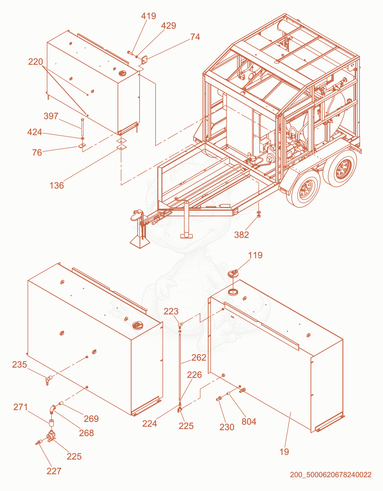 Exploded parts diagram of the Fuel Tank Mounting of a Wacker Neuson E3000, with numbered balloons
