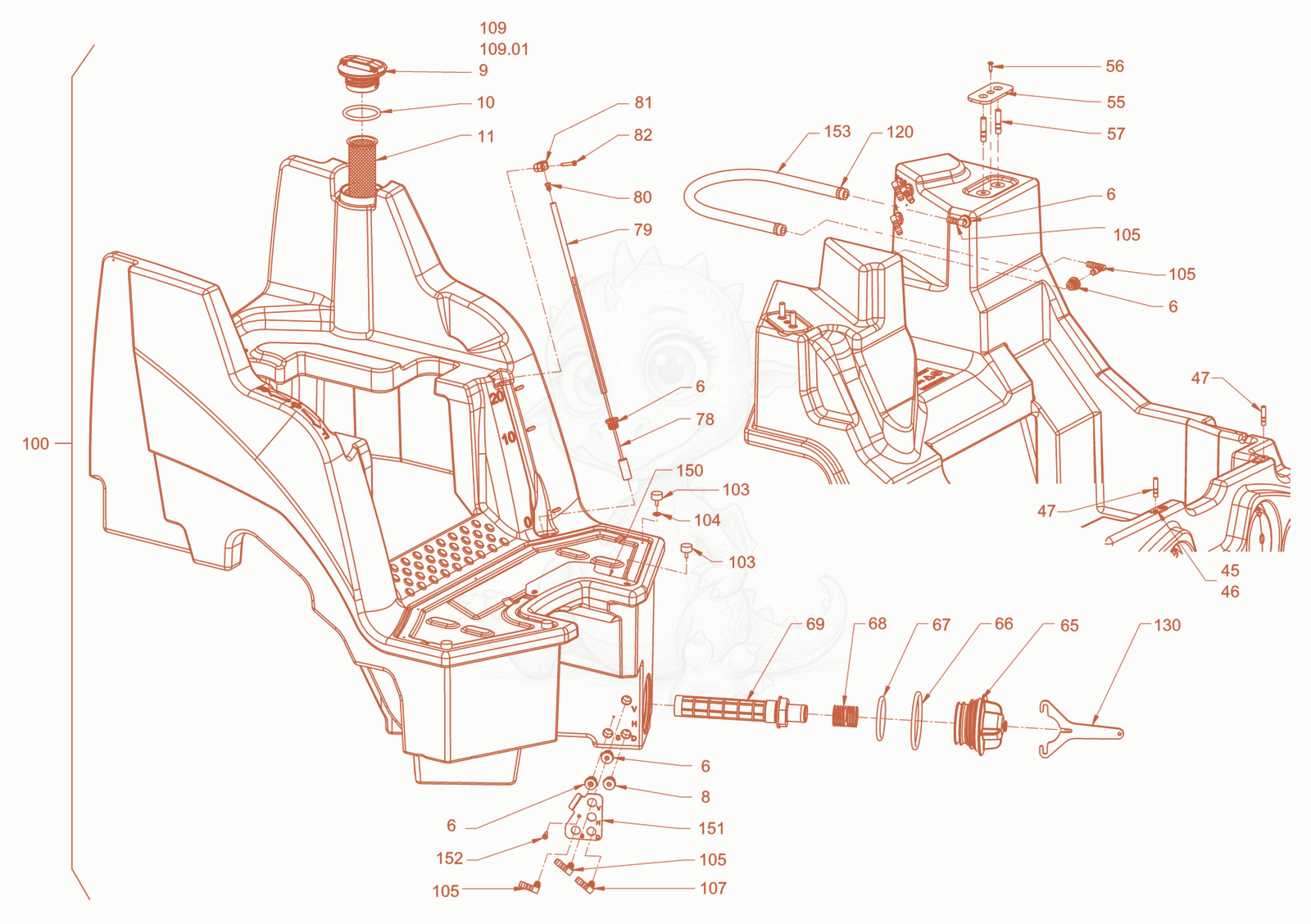 Exploded parts diagram of the sprinkling of a Wacker Neuson RD18-100C, with numbered balloons