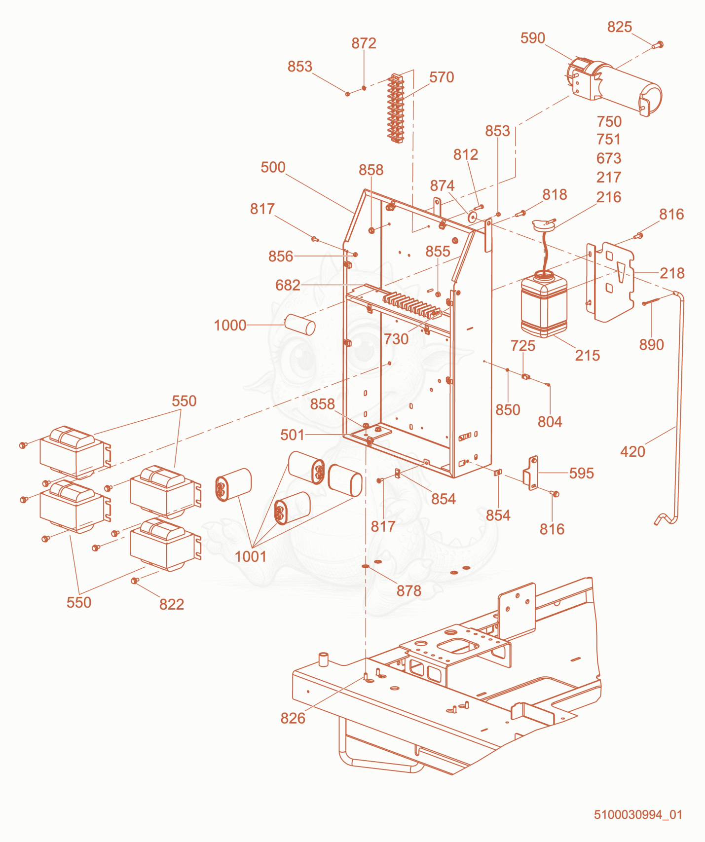 Exploded parts diagram of the Ballast/Control Box, 60HZ 1000W MH of a Wacker Neuson LTV6L, with numbered balloons