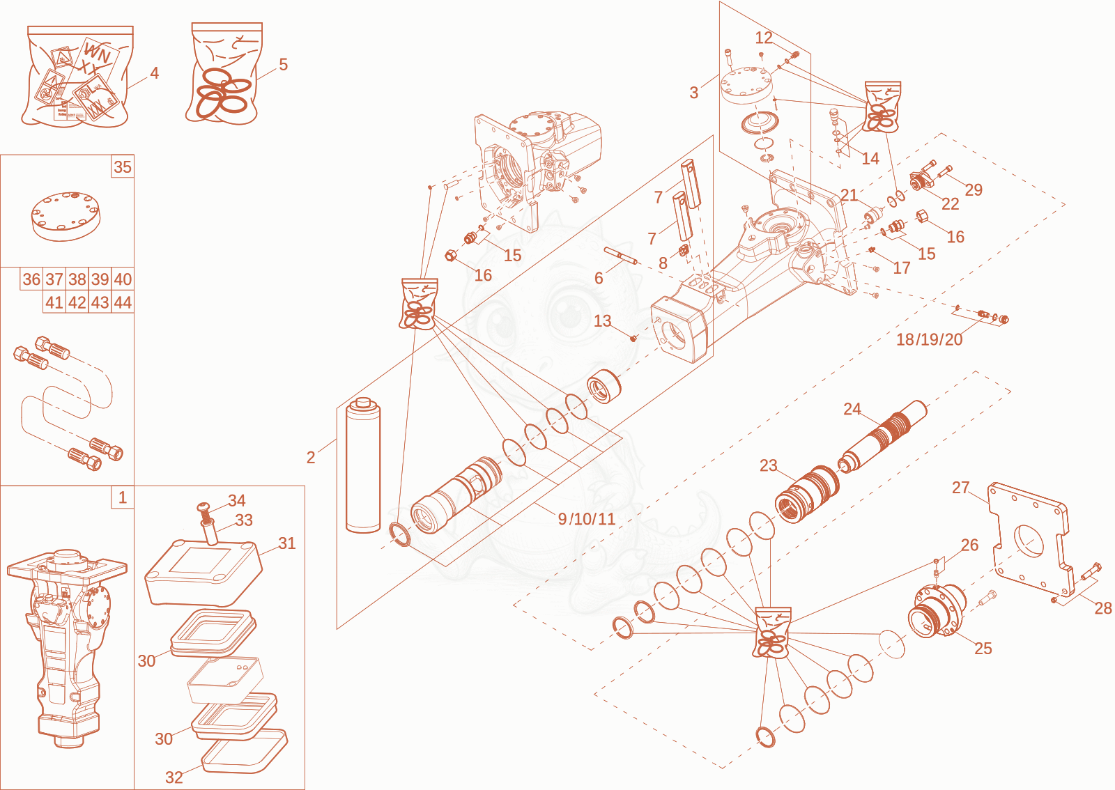 Exploded parts diagram of the Hydraulic breaker HB302 (Option) of a Wacker Neuson ET65, with numbered balloons