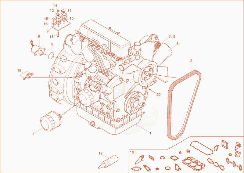 Exploded parts diagram of the diesel engine of a Wacker Neuson 1001, with numbered balloons