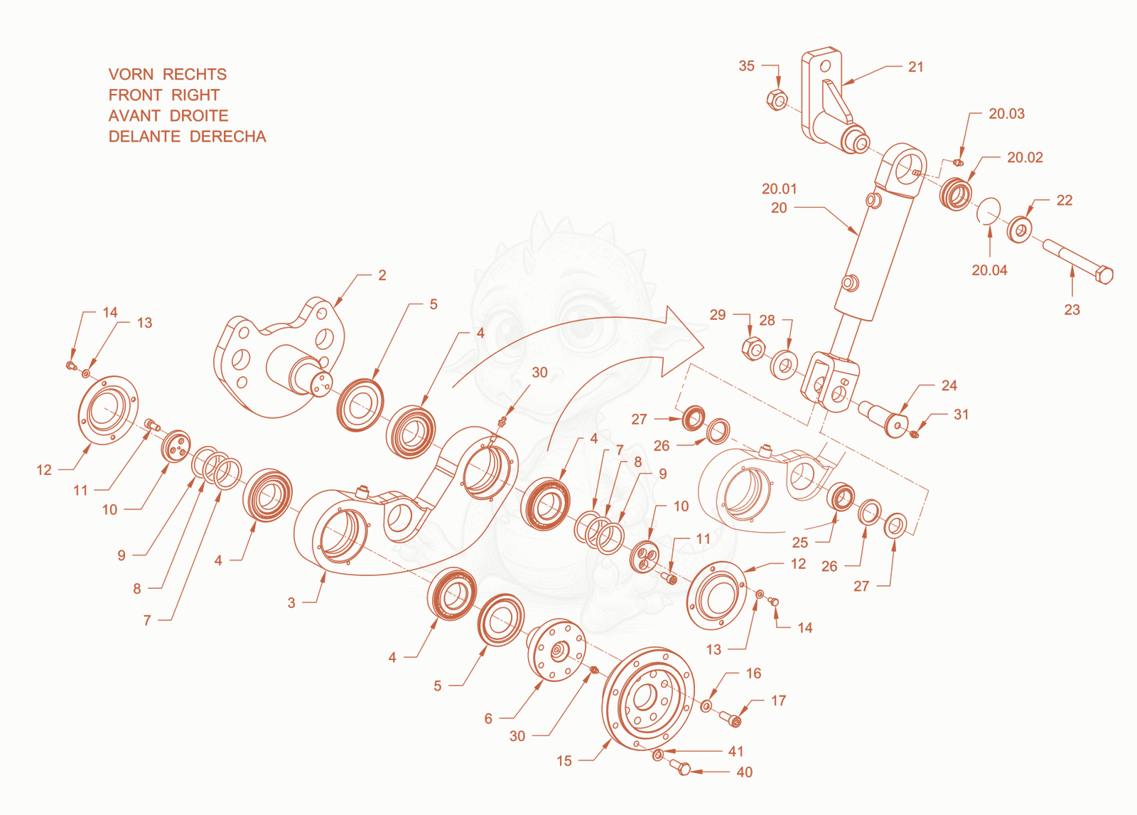 Exploded parts diagram of the edge pressing and cutting device of a Wacker Neuson RD45-140.3, with numbered balloons