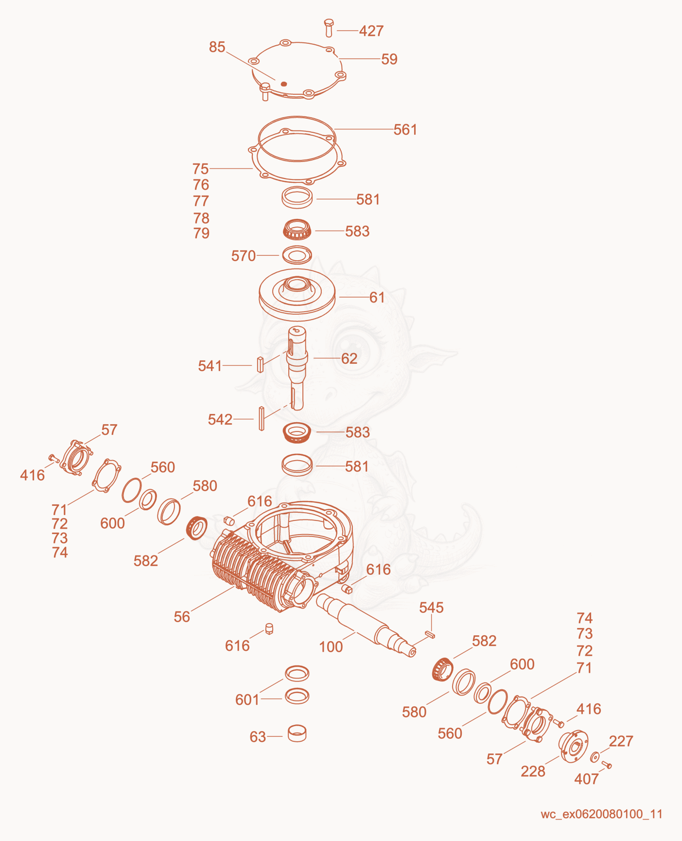 Exploded parts diagram of the Gearbox/Right of a Wacker Neuson CRT36-24A, with numbered balloons