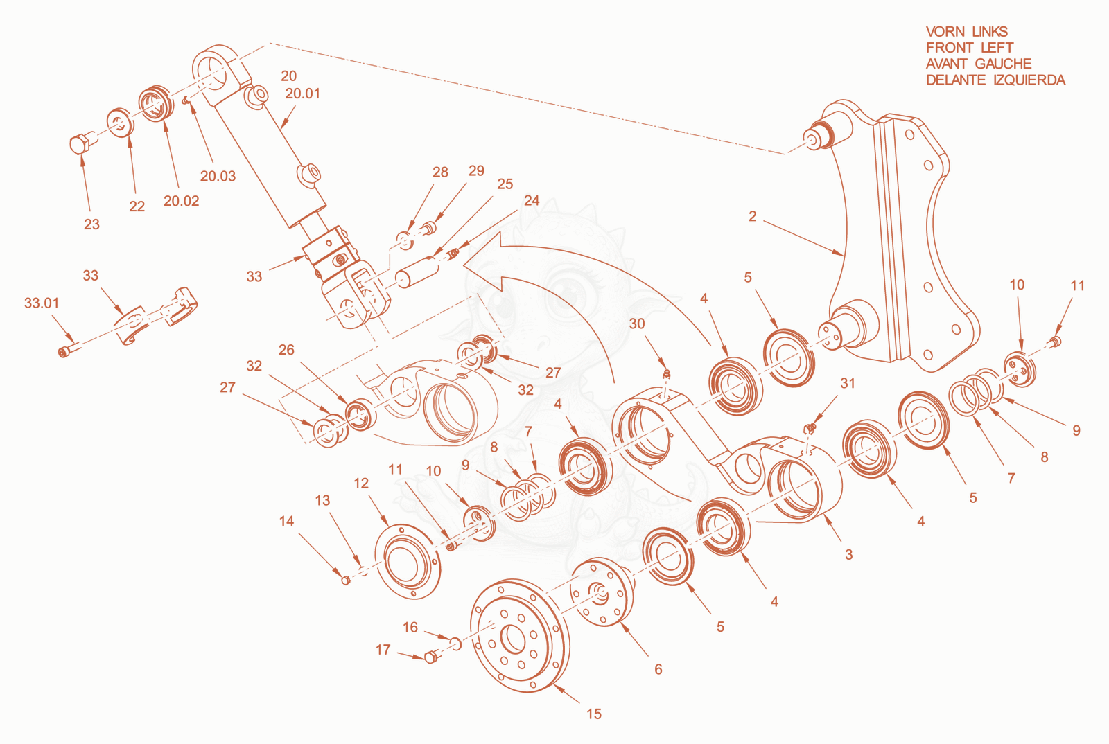 Exploded parts diagram of the edge pressing and cutting device of a Wacker Neuson RD28-120DPF, with numbered balloons