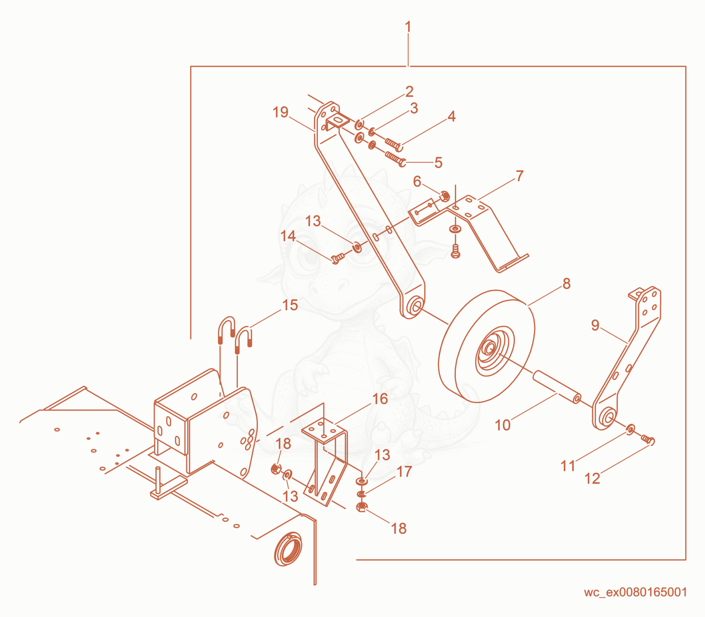 Despiece del Trailing Wheel Kit de una máquina Wacker Neuson RS800H, con globos numerados