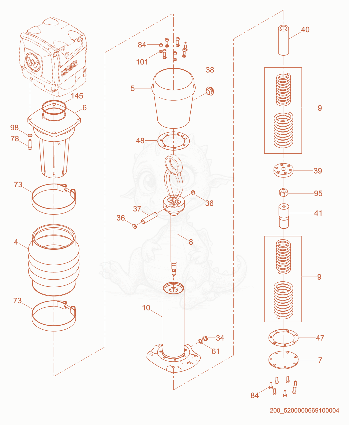 Exploded parts diagram of the Guide Cylinder cpl. of a Wacker Neuson BS65-V, with numbered balloons