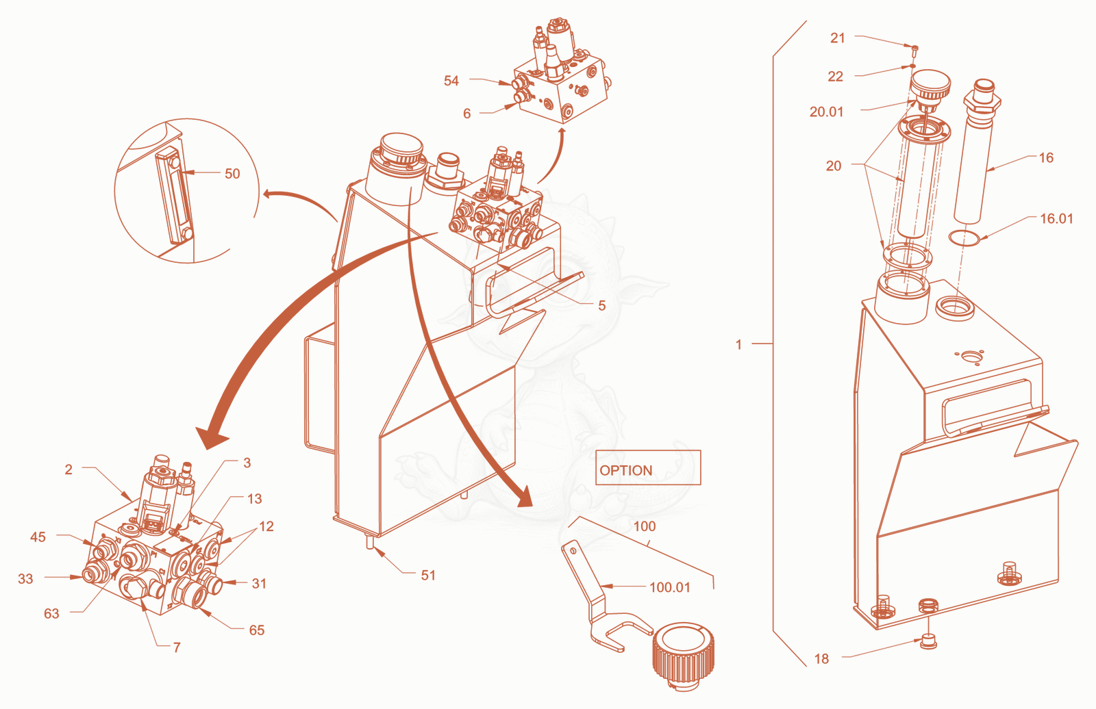 Exploded parts diagram of the oil tank of a Wacker Neuson RD24-100OUS, with numbered balloons