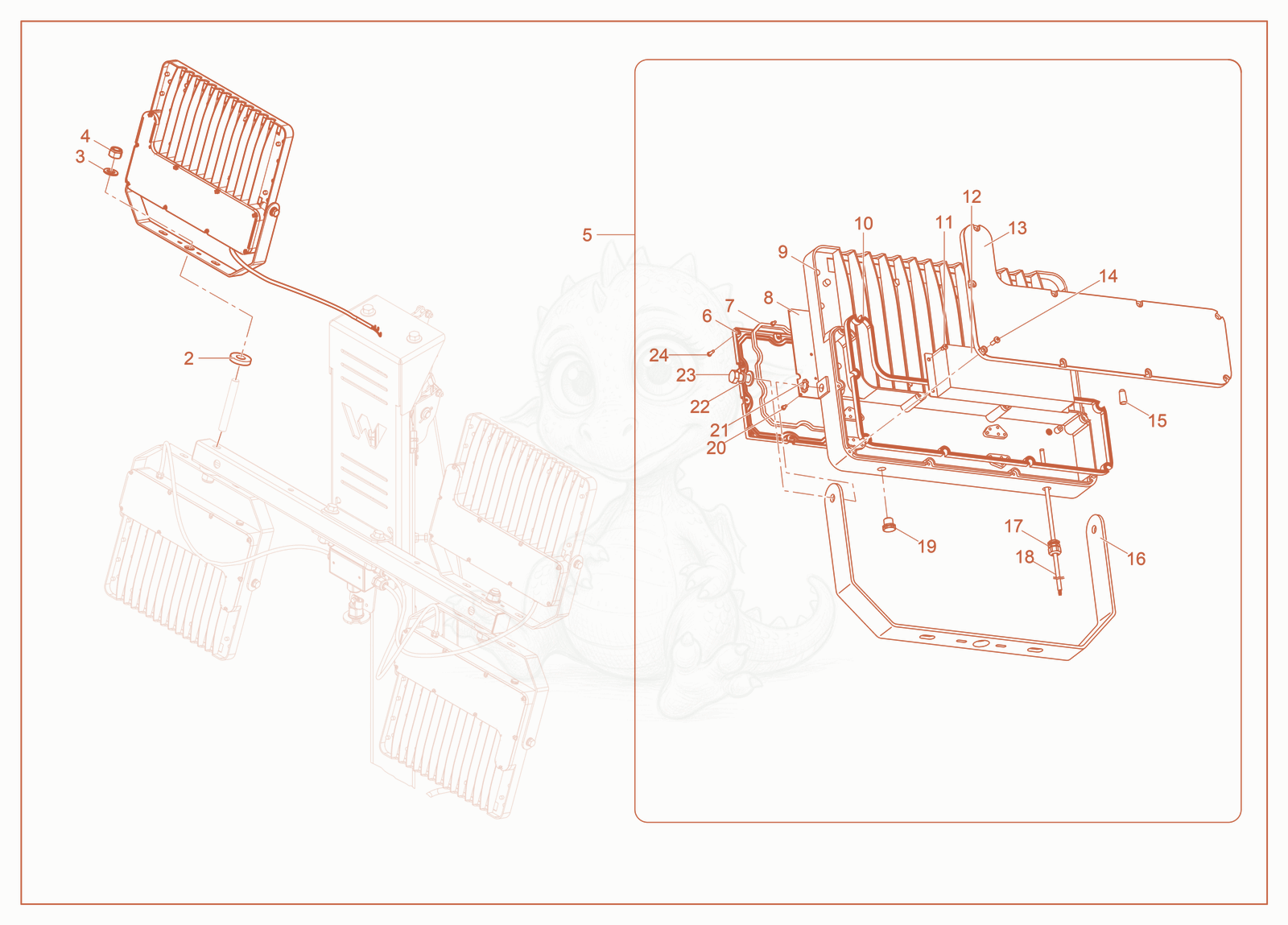 Exploded parts diagram of the 240W LED-Licht of a Wacker Neuson LTV4L, with numbered balloons