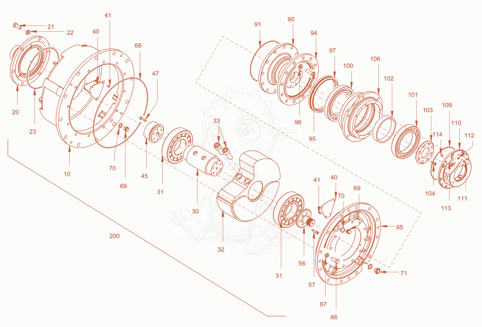 Exploded parts diagram of the roller drum of a Wacker Neuson RC110PUSROPS, with numbered balloons