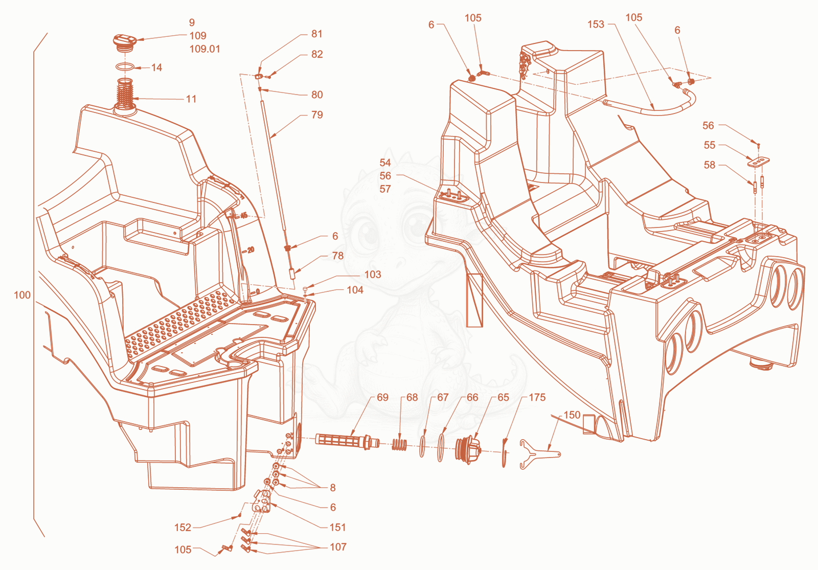 Exploded parts diagram of the sprinkling of a Wacker Neuson RD45-140DPF, with numbered balloons