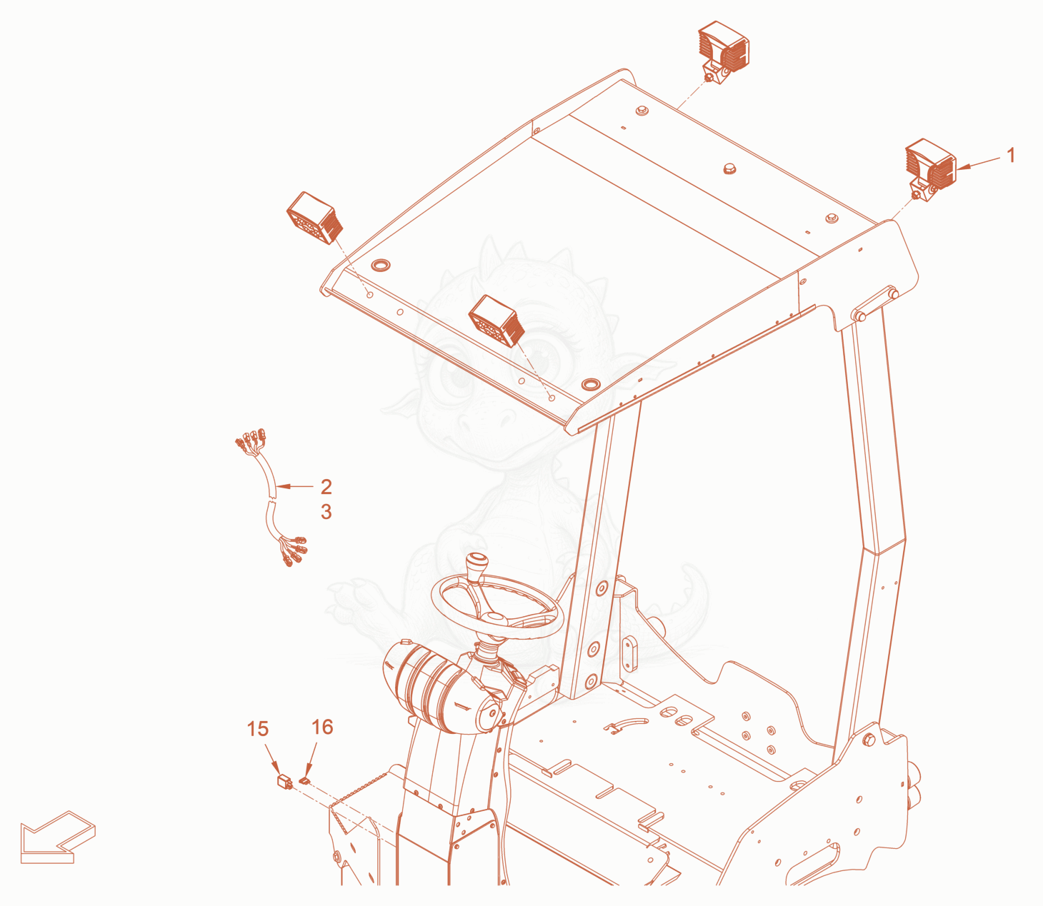 Exploded parts diagram of the additional lighting of a Wacker Neuson RD18-100C3, with numbered balloons