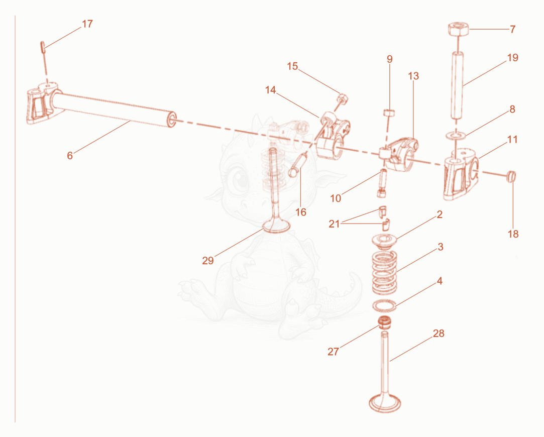 Exploded parts diagram of the Rocker arm - Valve of a Wacker Neuson DPU80LEM770, with numbered balloons