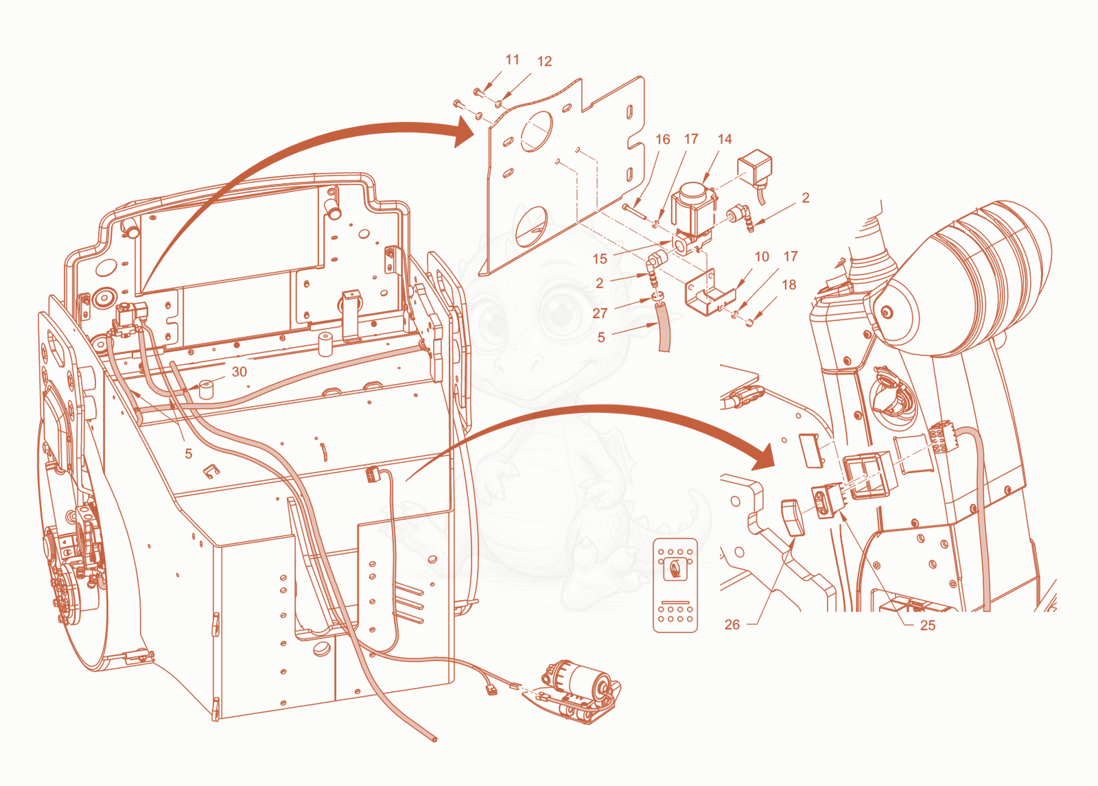 Exploded parts diagram of the edge pressing and cuttingdevice of a Wacker Neuson RD40-130CDPF, with numbered balloons