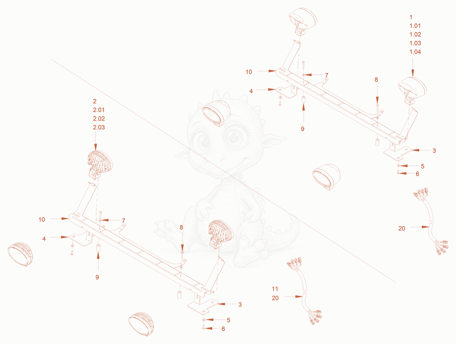 Exploded parts diagram of the additional lighting of a Wacker Neuson RC70VOUS, with numbered balloons