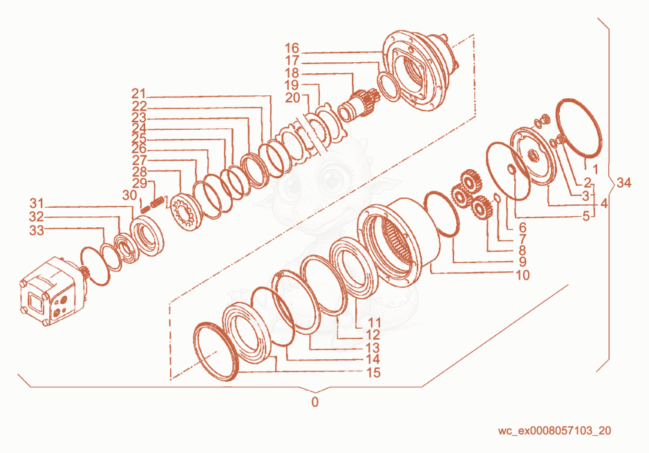 Exploded parts diagram of the Reduction Gear/Exploded View of a Wacker Neuson RD15, with numbered balloons