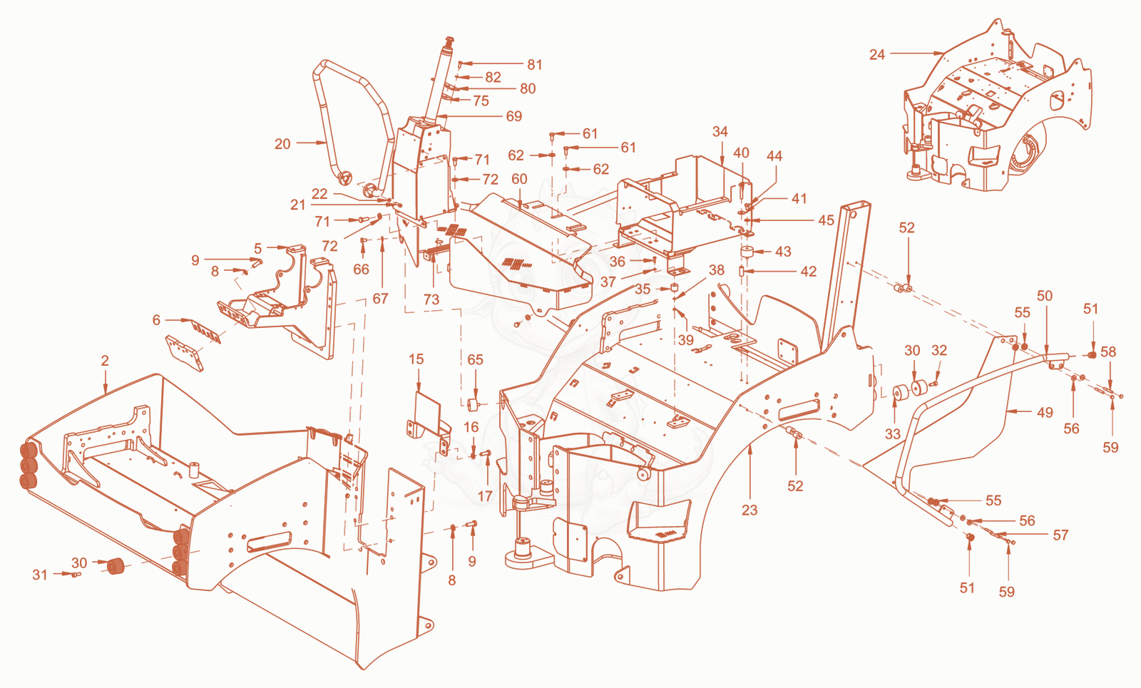 Exploded parts diagram of the main frame and assemblies of a Wacker Neuson RD40-130OUS, with numbered balloons
