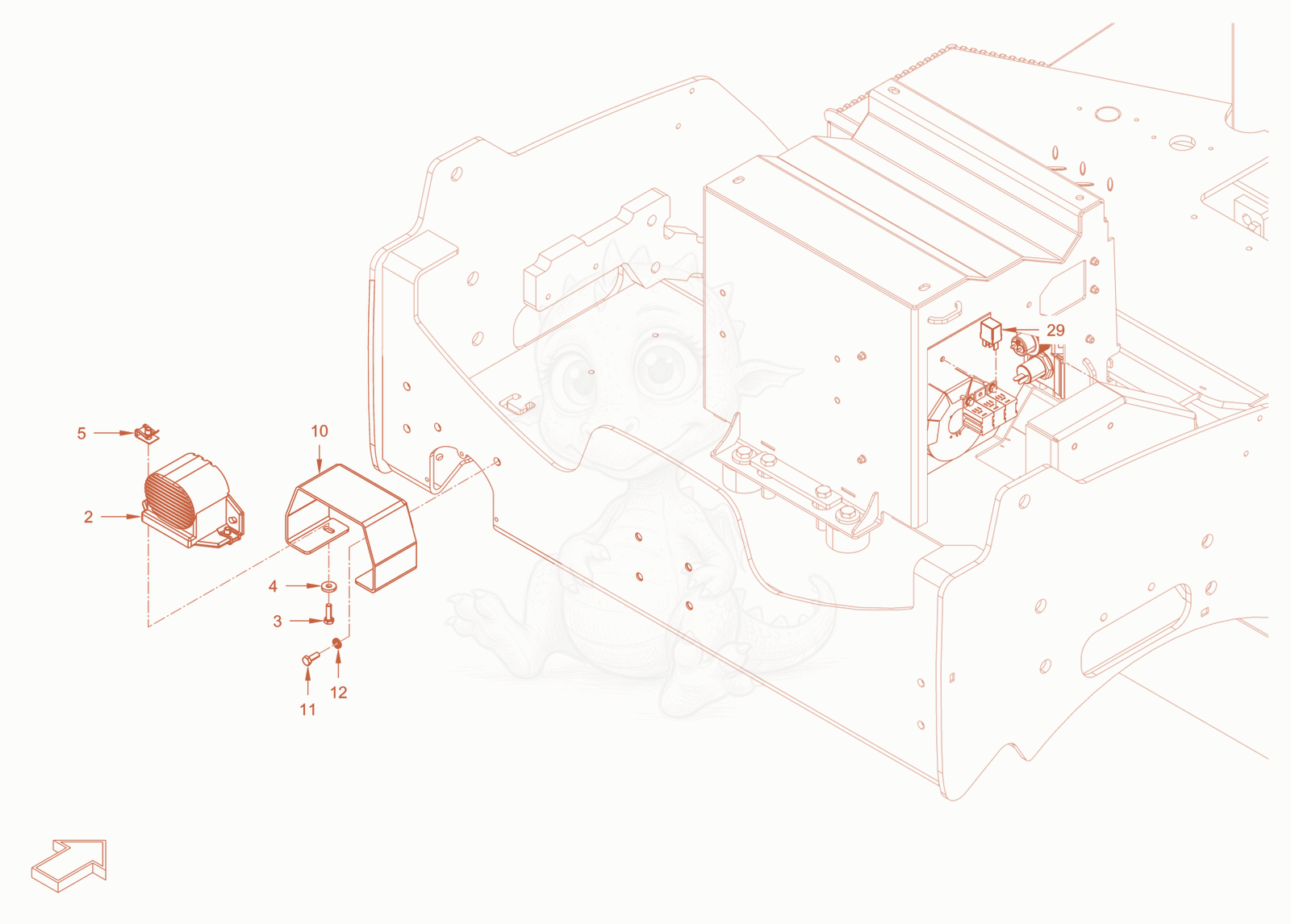 Exploded parts diagram of the back-up alarm self adjusting of a Wacker Neuson RD24-100E, with numbered balloons
