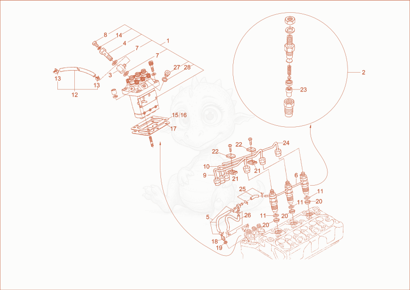 Exploded parts diagram of the fuel injection equipment of a Wacker Neuson DT15, with numbered balloons
