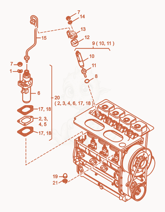 Despiece del Injection Pump de una máquina Wacker Neuson RD25, con globos numerados