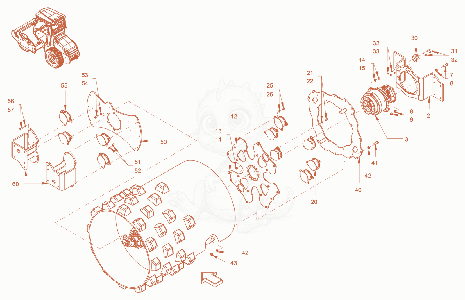 Exploded parts diagram of the Suspension (Roller Drum) of a Wacker Neuson RC70PUS, with numbered balloons