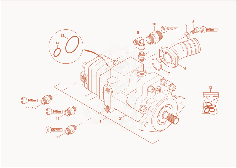 Exploded parts diagram of the hydraulic pump of a Wacker Neuson 5001RDV, with numbered balloons